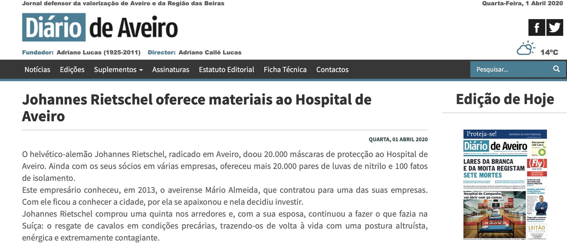 Johannes Rietschel oferece materiais ao Hospital de Aveiro